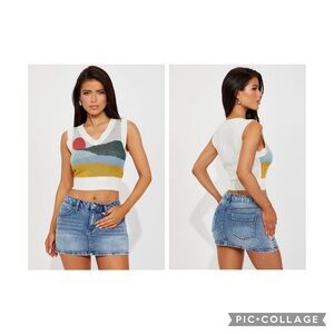 No Comment Sunset Boho V-Neck Sweater Vest Cropped Size Large.